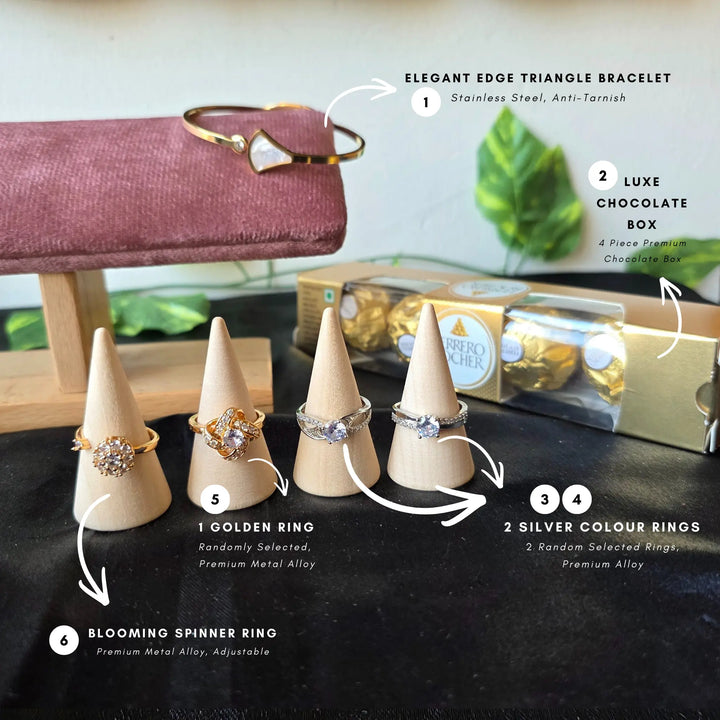 Valentine Luxe Rings & Bracelet Hamper - triangle bracelet with rings